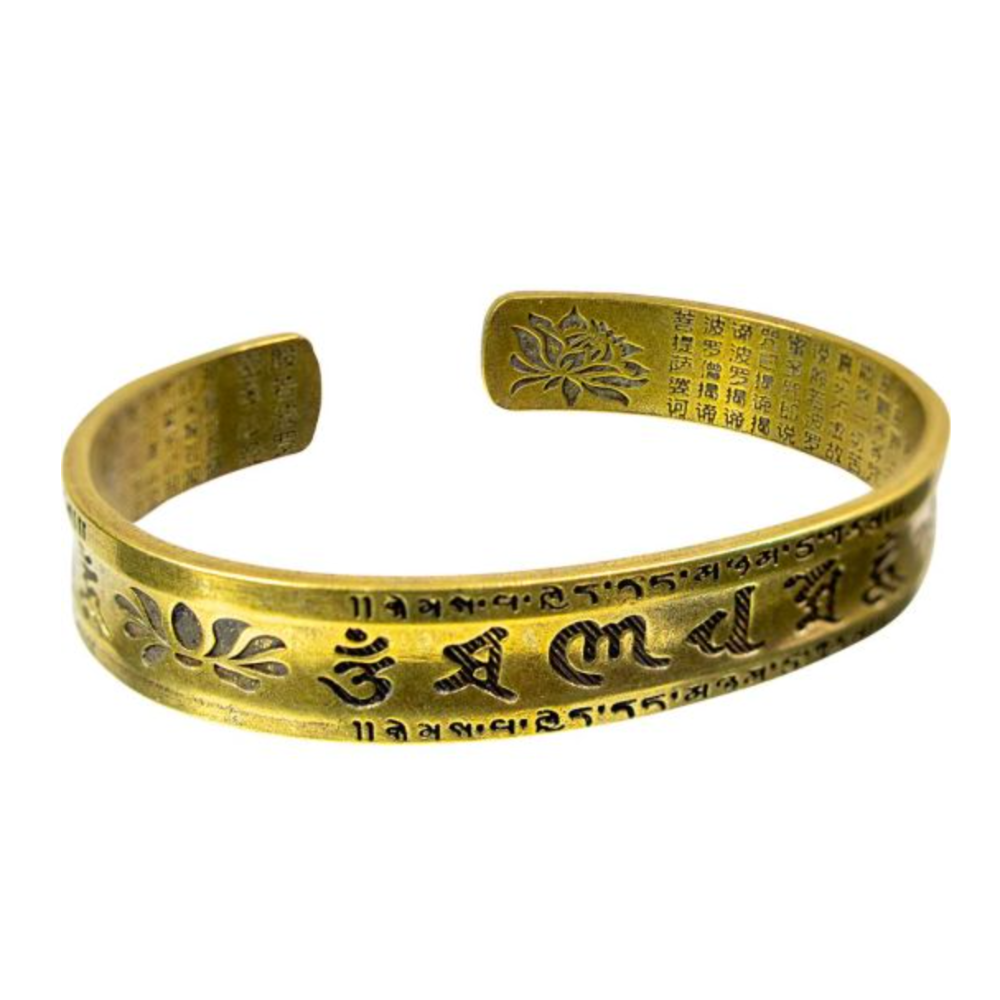 Heart Sutra Mantra Lotus Brass & Copper Tibetan Cuff Bracelet with sacred Buddhist inscription and lotus design for peace and mindfulness.