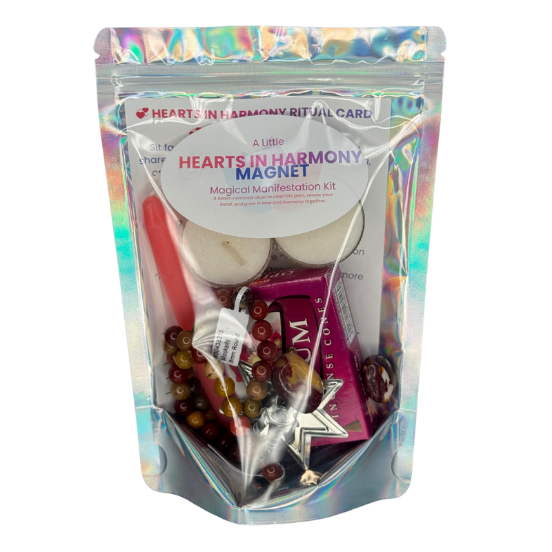 Hearts in Harmony Magical Manifestation Kit includes mookaite crystals and bracelets, candles, incense and instructions.