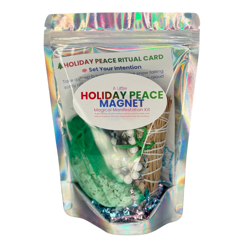 Holiday peace magnet kit that includes crystals, candles, incense, bath soak.