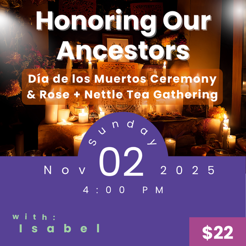Outdoor Día de los Muertos altar with candles, flowers, and tea ceremony offerings