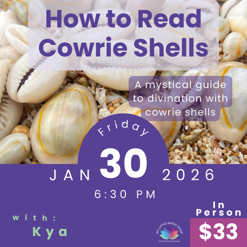 Promotional flyer for a cowrie shell divination event with shells in the background