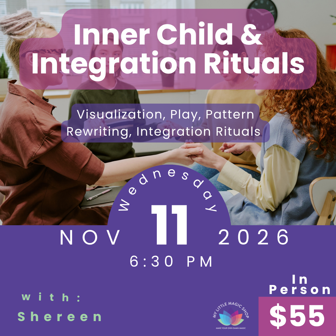 Promotional flyer for 'Inner Child & Integration Rituals' event with people holding hands in a circle.