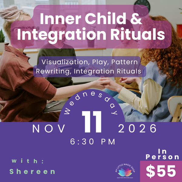 Promotional flyer for 'Inner Child & Integration Rituals' event with people holding hands in a circle.