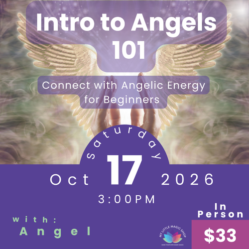 Promotional flyer for 'Intro to Angels 101' event with angelic imagery and event details.