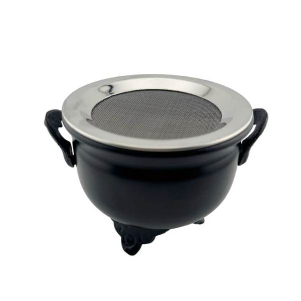 Cast iron cauldron-style incense burner with mesh screen