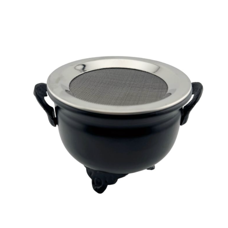 Cast iron cauldron-style incense burner with mesh screen
