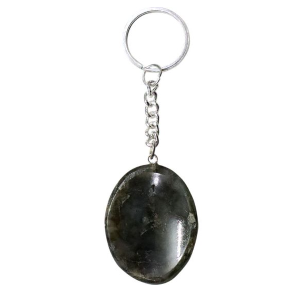 Labradorite Worry Stone Keychain with shimmering blue flashes, used for intuition, protection, and stress relief.