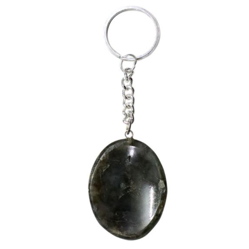Labradorite Worry Stone Keychain with shimmering blue flashes, used for intuition, protection, and stress relief.