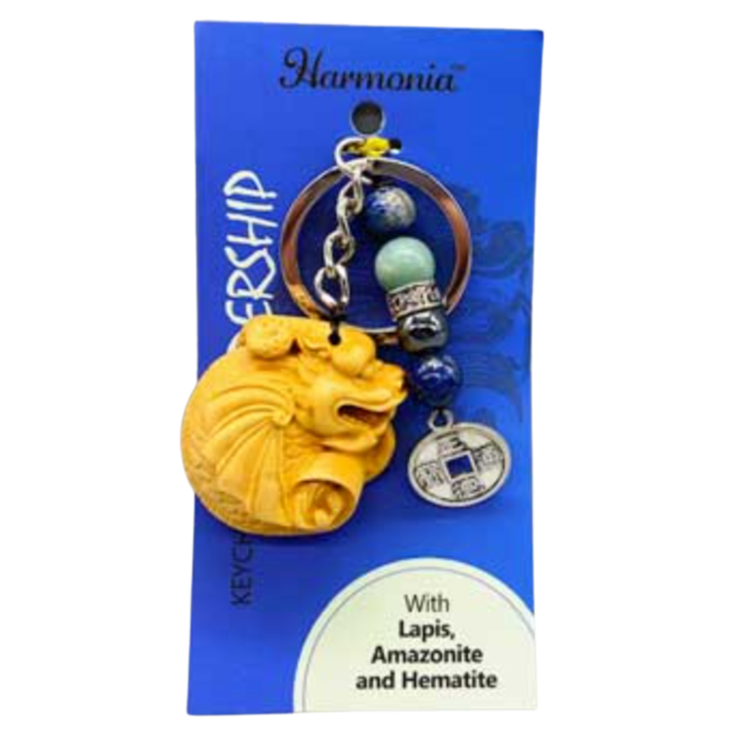 Lapis, Amazonite, and Hematite Dragon Keychain with dragon charm, crafted for strength, protection, and intuitive power.