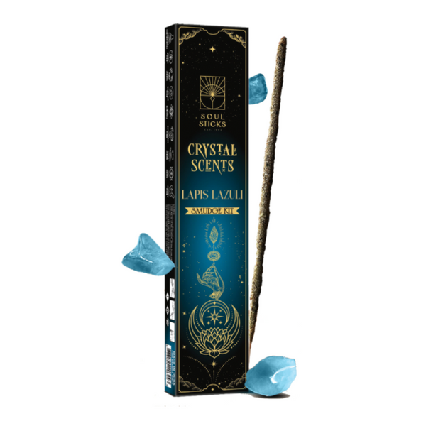 A Lapis Lazuli Crystal Scents Smudge Kit packaging with an incense stick and lapis lazuli crystals visible in front of the box. The box is black with gold and blue designs and text.