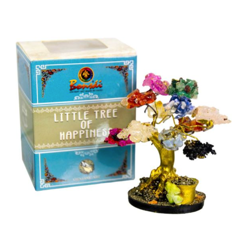 Little Tree of Happiness gemstone tree with colorful crystal chips on a gold base, symbolizing joy, abundance, and balance.