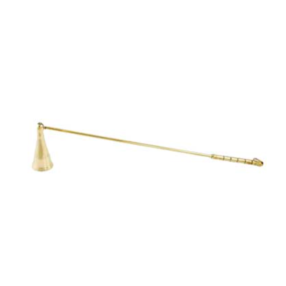 Long Brass Candle Snuffer with polished finish, used to safely extinguish candles during rituals and meditation.