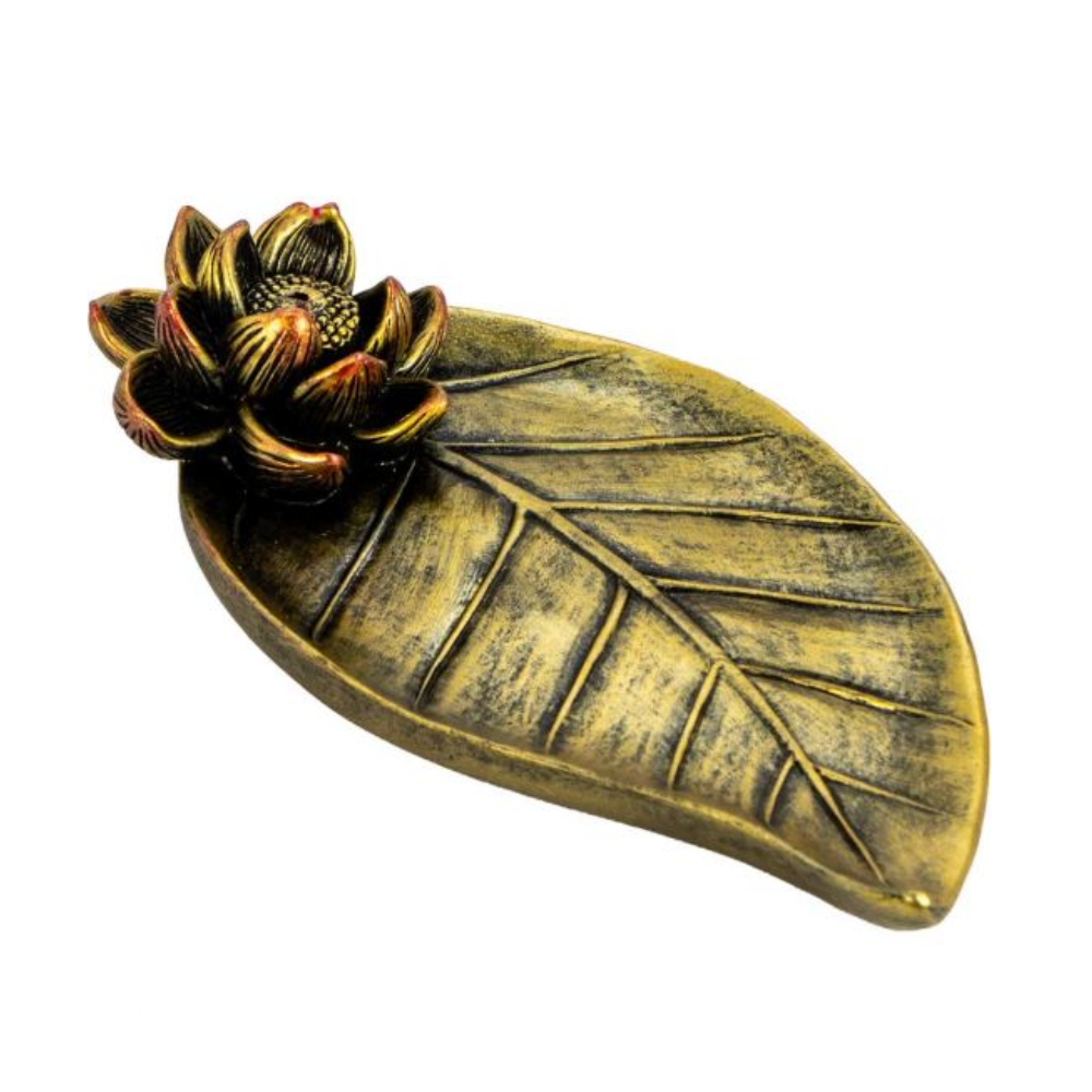 Lotus & Leaf Polyresin Incense Holder in bronze finish
