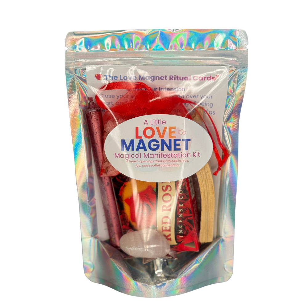Love Magnet Kit with red candle, Palo Santo, Rose Quartz crystal, and Rose Quartz bracelet on a white background.