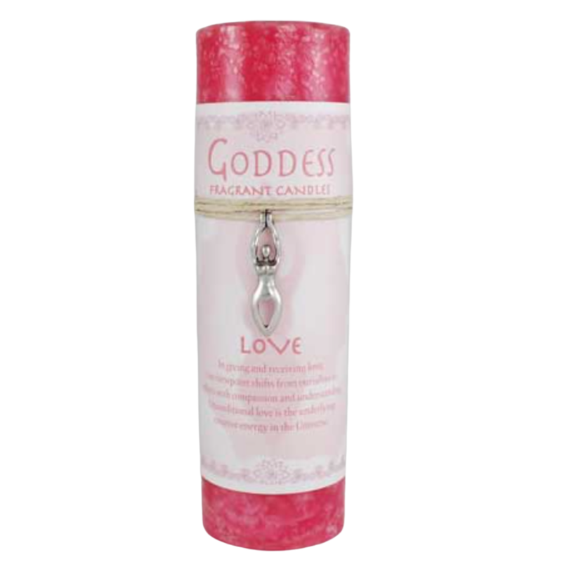 Love Pillar Candle with embedded Goddess Necklace, crafted for attraction, romance, and self-love rituals.