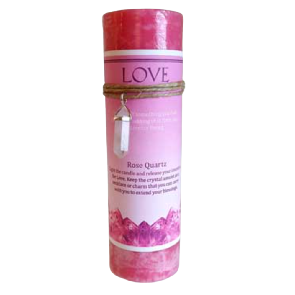 Love Pillar Candle with Rose Quartz Pendant, handcrafted for romance, self-love, and emotional healing rituals.