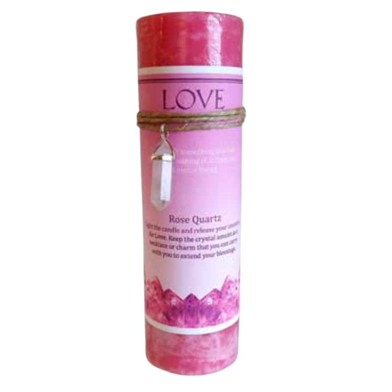 Love Pillar Candle with Rose Quartz Pendant, handcrafted for romance, self-love, and emotional healing rituals.