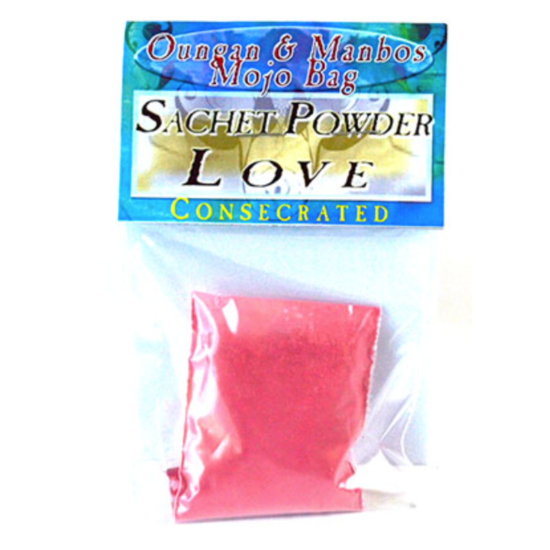 Love Sachet Powder (Consecrated) in a ritual container, handcrafted to attract romance, harmony, and self-love.