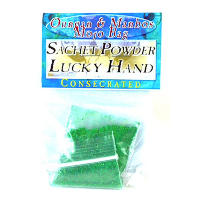 Lucky Hand Sachet Powder (Consecrated) in a ritual container, crafted to attract success, fortune, and opportunity.