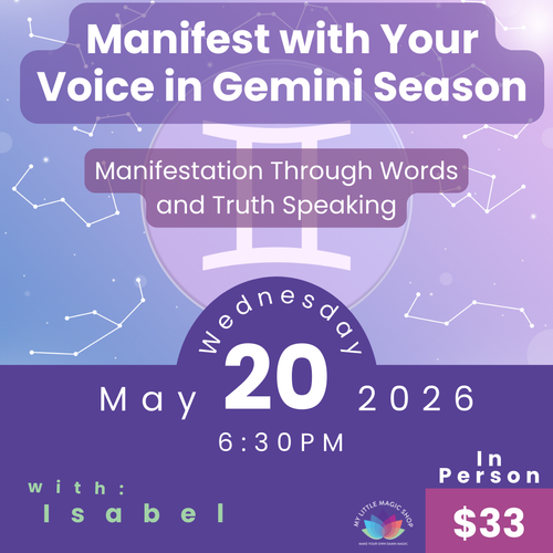 Promotional flyer for an event titled 'Manifest with Your Voice in Gemini Season' on a purple and blue gradient background.