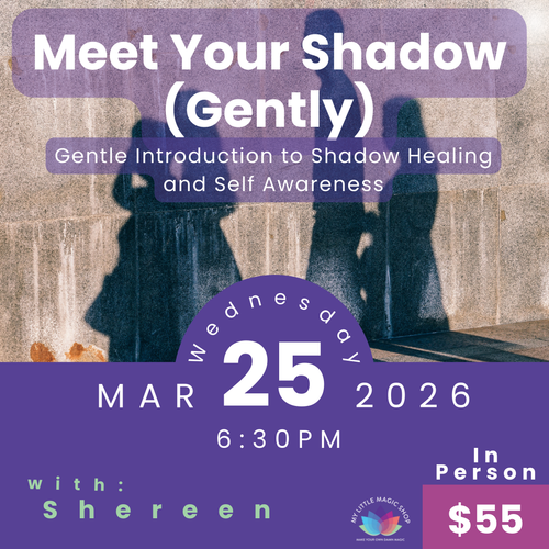 Promotional flyer for a shadow healing workshop with a silhouette of a person and text details.