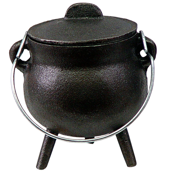 Mini cast iron cauldron with wire bail handle, three legs