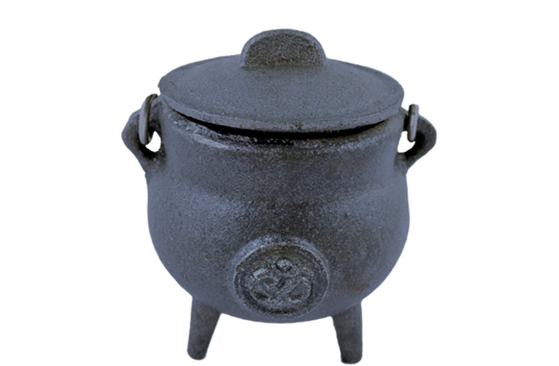 Mini cast iron cauldron with embossed Om symbol, 3.5 inches