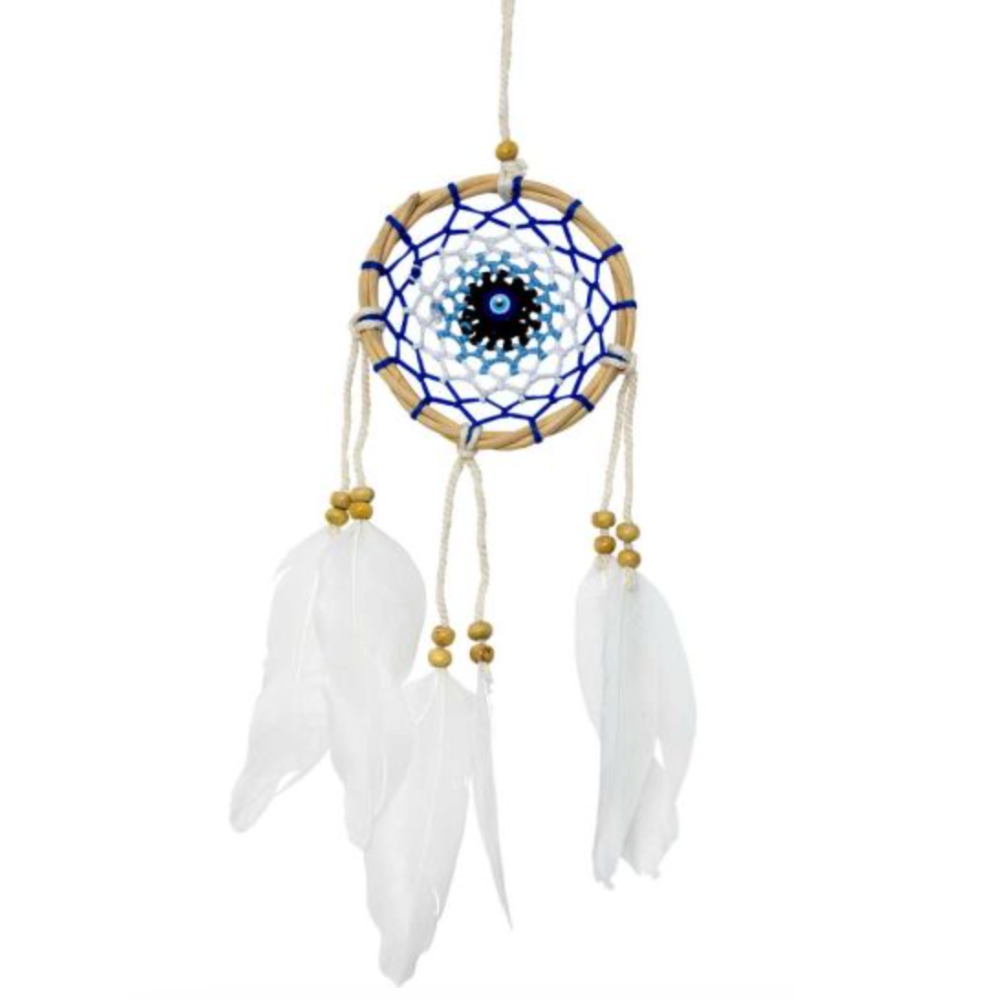 Mini Twist Wreath with Woven Evil Eye Dreamcatcher, handcrafted décor for protection, peace, and boho energy balance.