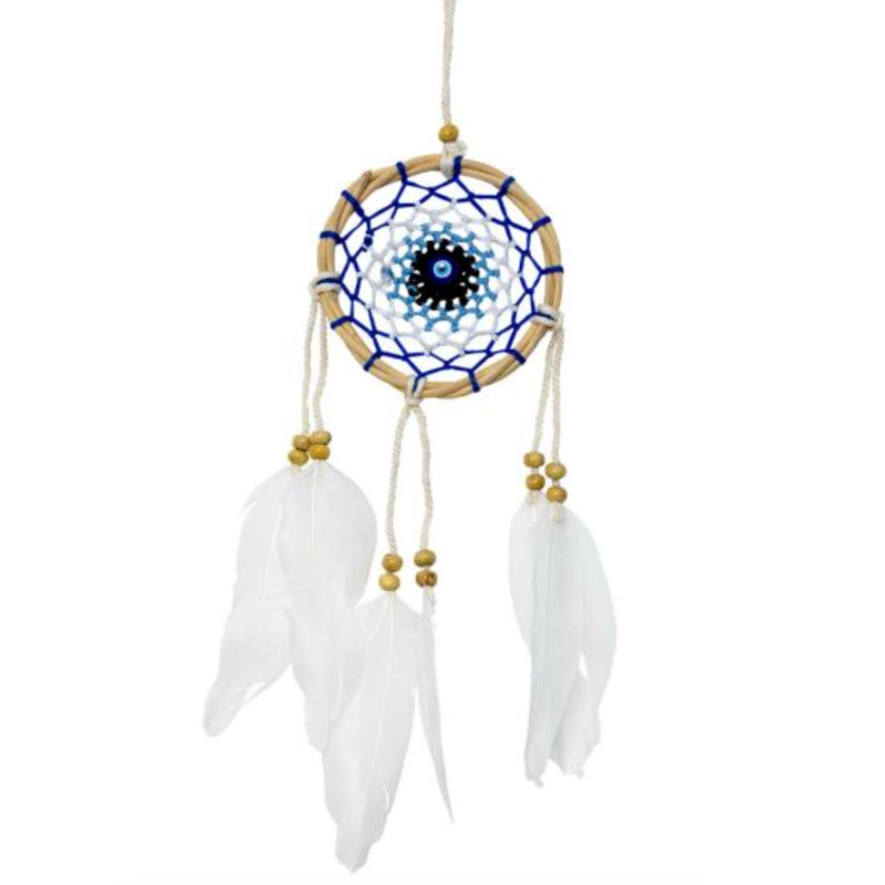 Mini Twist Wreath with Woven Evil Eye Dreamcatcher, handcrafted décor for protection, peace, and boho energy balance.
