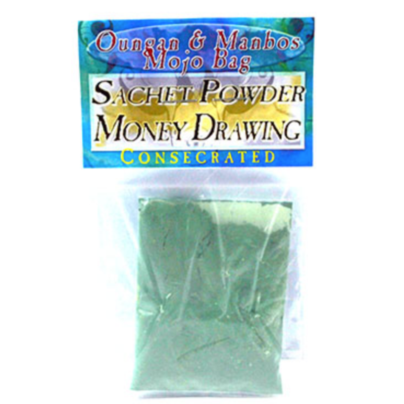 Money Drawing Sachet Powder (Consecrated) in a ritual container, crafted to attract prosperity, success, and financial flow.