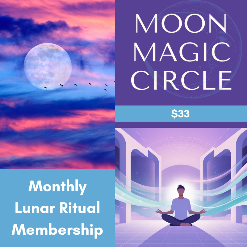 Advertisement for 'Moon Magic Circle' with a moonlit sky and person meditating.