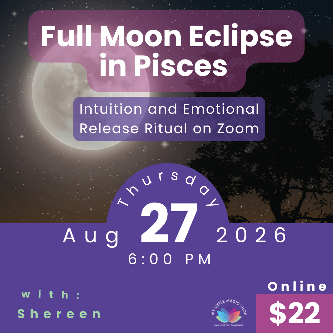 A Full Moon Eclipse in Pisces event flyer with full moon in the background.