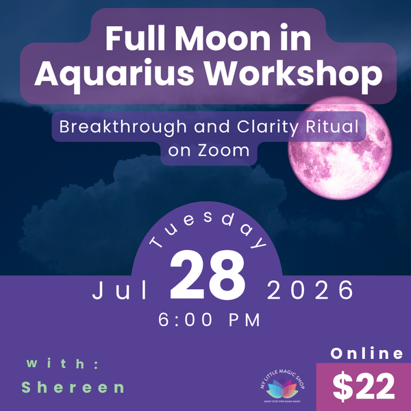 Promotional flyer for a Full Moon in Aquarius Workshop with a purple and blue color scheme.