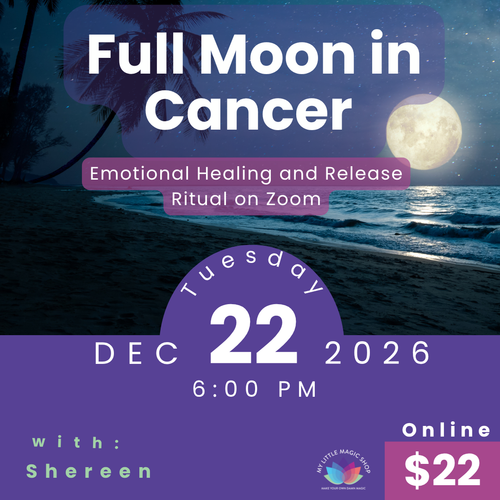 Promotional flyer for a Full Moon in Cancer event on Zoom with a beach and moon background.