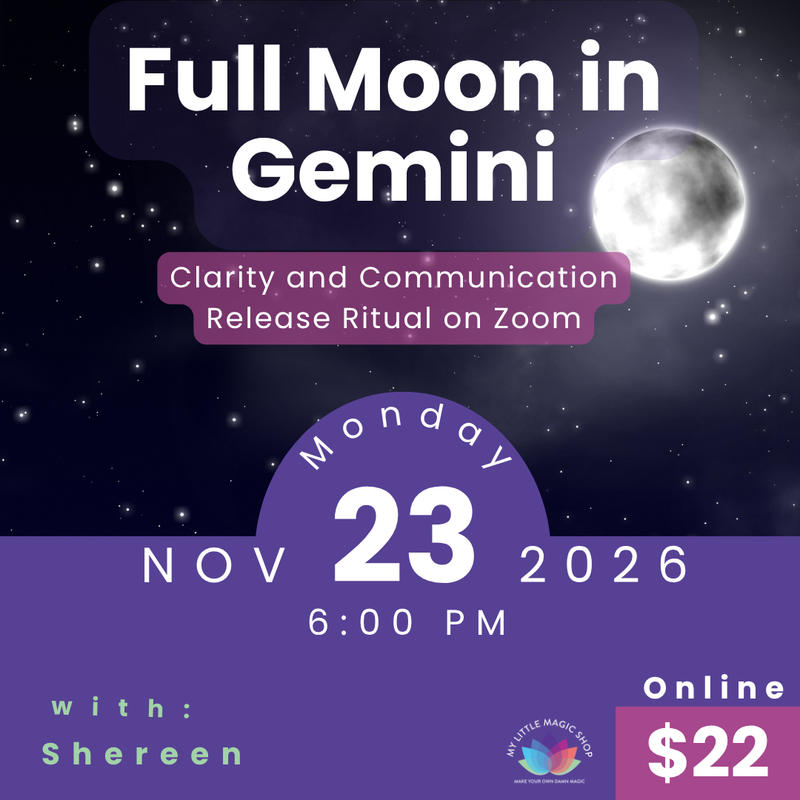 Promotional flyer for a Full Moon in Gemini event on Zoom with details about date, time, and cost.