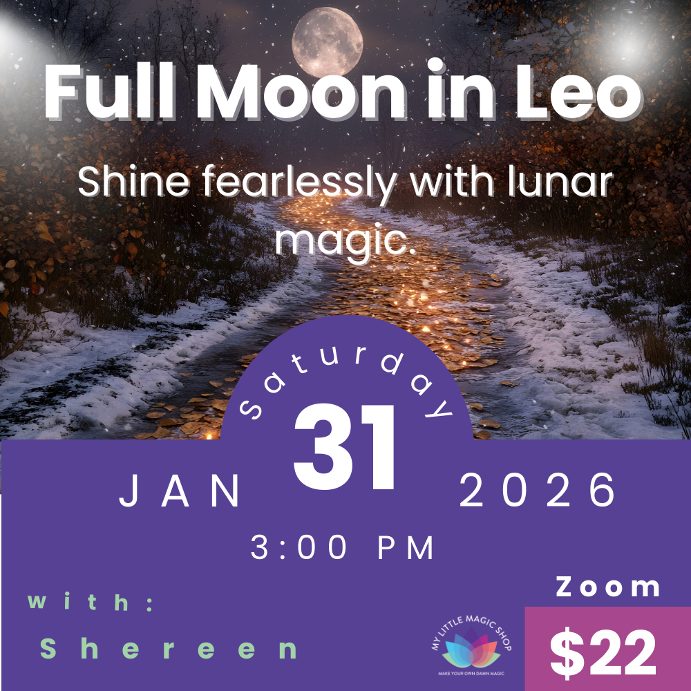 Promotional flyer for a Full Moon in Leo event on January 31, 2026, with a scenic background of a moonlit path.