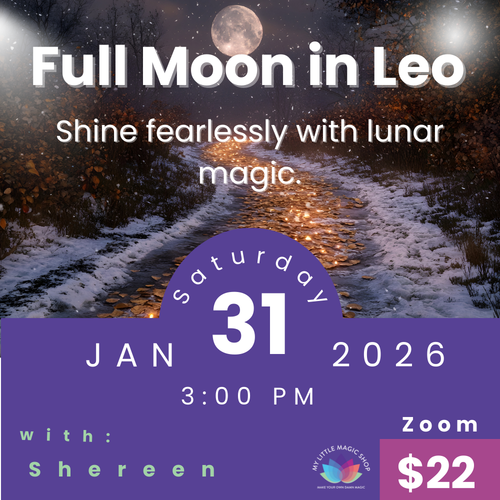 Promotional flyer for a Full Moon in Leo event on January 31, 2026, with a scenic background of a moonlit path.