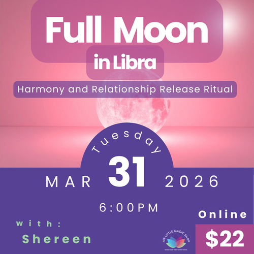 Promotional flyer for a Full Moon in Libra event on March 31, 2026, with a pink and purple color scheme.