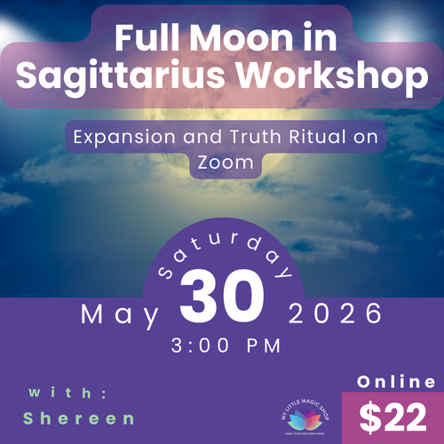 Promotional flyer for a Full Moon in Sagittarius Workshop with event details.