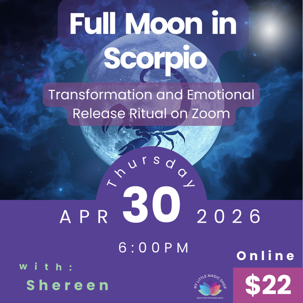 Promotional flyer for a Full Moon in Scorpio event on Zoom with a blue and purple color scheme.