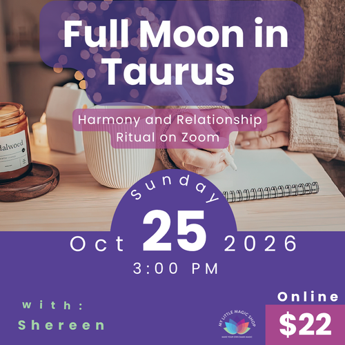 Promotional flyer for a Full Moon in Taurus event on Zoom with a person sitting at a table.