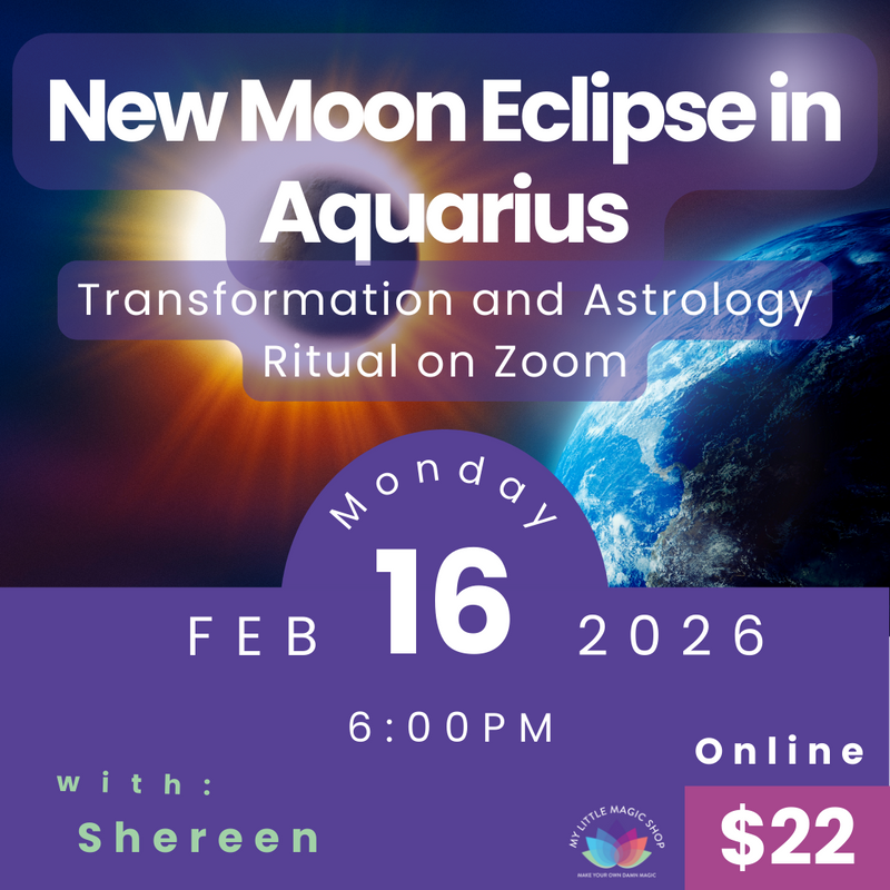 Promotional flyer for a New Moon Eclipse in Aquarius event on Zoom with astrological imagery.