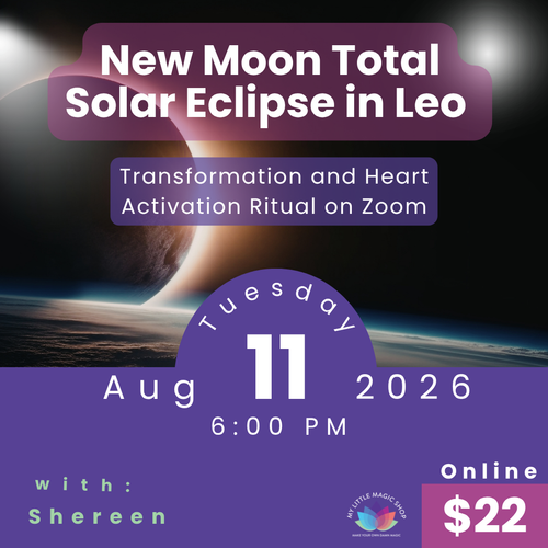 Promotional flyer for a New Moon Total Solar Eclipse event on Zoom with details about date, time, and cost.