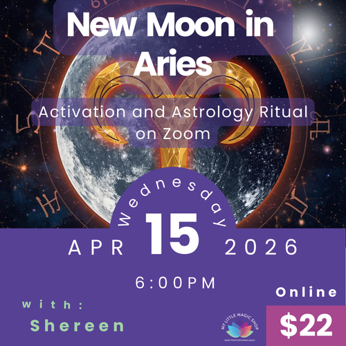 Promotional flyer for a New Moon in Aries event on Zoom with astrological symbols and details.