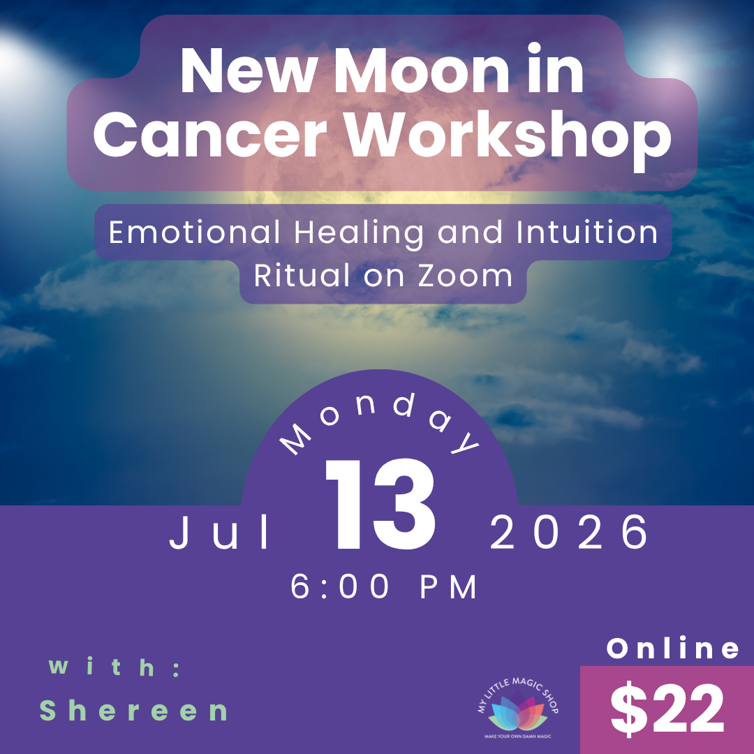 Promotional flyer for a New Moon in Cancer Workshop with event details on a purple and blue background.