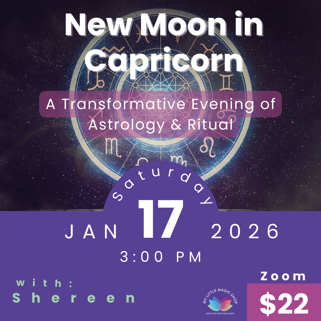 Promotional flyer for a New Moon in Capricorn event with astrological symbols and details.