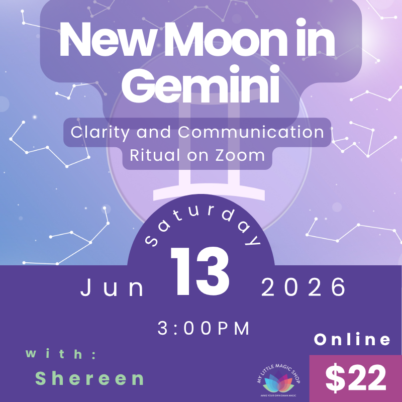 Promotional flyer for a New Moon in Gemini event on Zoom with details about date, time, and price.