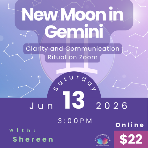Promotional flyer for a New Moon in Gemini event on Zoom with details about date, time, and price.