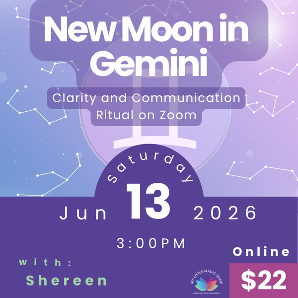 Promotional flyer for a New Moon in Gemini event on Zoom with details about date, time, and price.