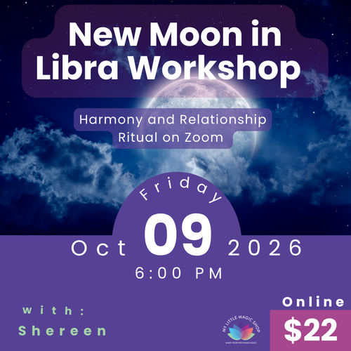 Promotional flyer for a New Moon in Libra Workshop with a purple and blue color scheme.